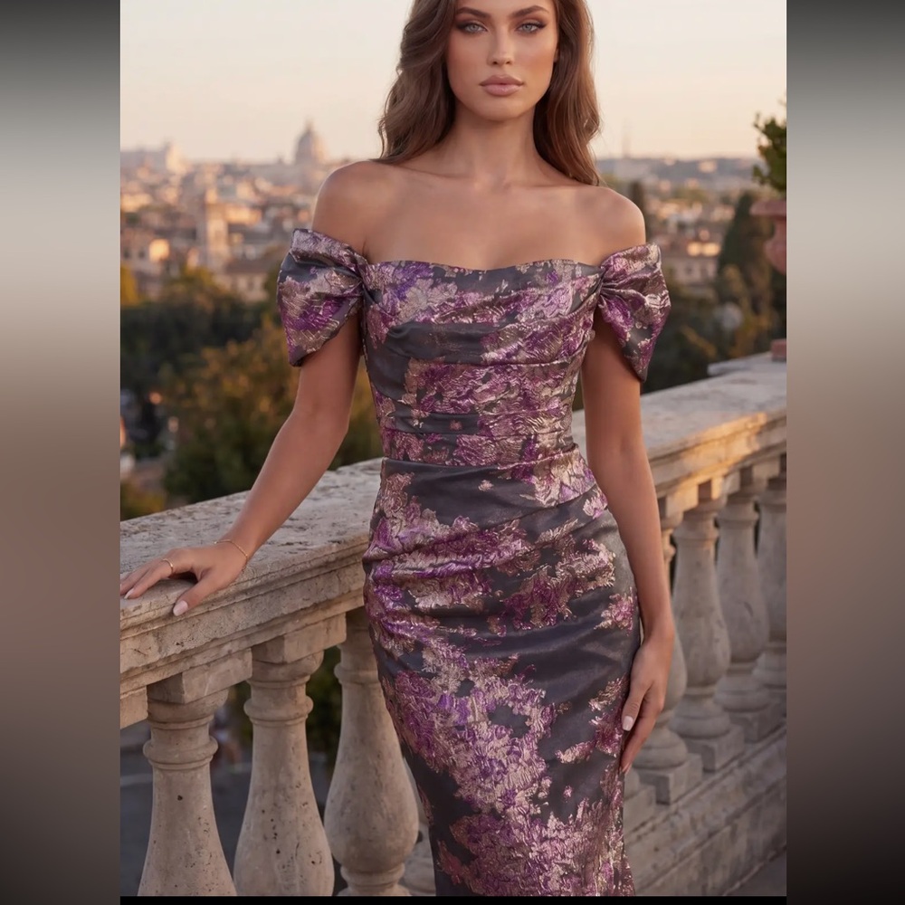 Off-Shoulder Purple Floral Jacquard Dress